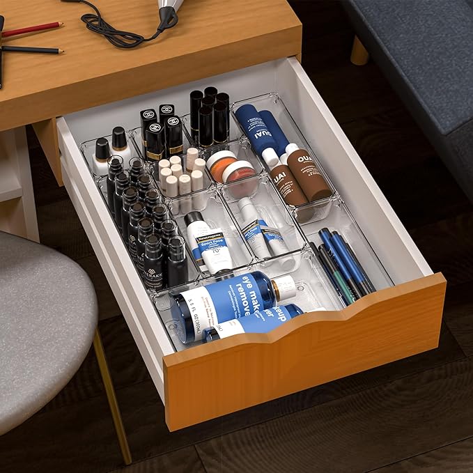 7 Pack Clear Plastic Drawer Organizer Set,4 Sizes Bathroom Drawer Organizers and Storage Bins,Vanity Drawer Organizer for Makeup,Cosmetics,Jewelry,Utensils,Gadgets,Office In Drawer Organizers Trays