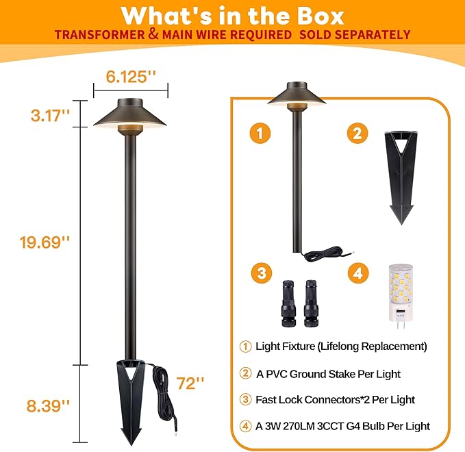 Low Voltage Landscape Lighting Brass, 2700K/3000K/4000K Adjustable 12v Pathway Lights Waterproof, Hard Wired Path Light Outdoor, Bronze for Exterior Area Patio with G4 Bulb (6 Pack)