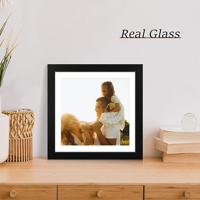 12x12 Picture Frame Set of 4 with Tempered Glass, Black Frame Display 10x10 Picture with Mat or 12 x 12 Without Mat, Wood Square Photo Frames for Desktop Display and Wall Mounting