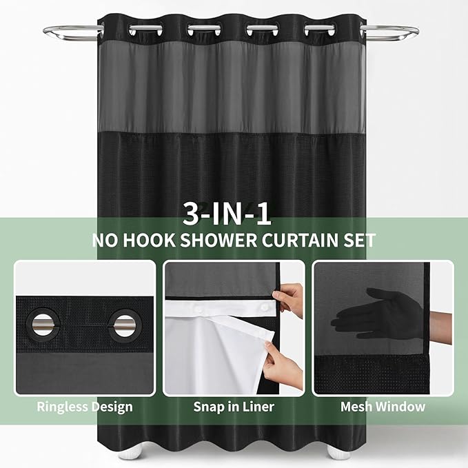 Stall No Hook Shower Curtain with Snap-in Fabric Liner Set,Waffle Weave Shower Curtains for Bathroom,Hotel Luxury Decor Bathroom Curtain Set,Waterproof & Washable,Black,54Wx80H