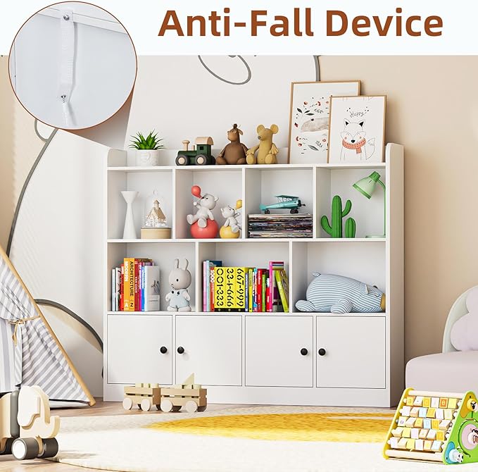 2 in 1 Large Toy Organizer and Storage, 4 Tier Kids Bookshelf with 11 Storage Cubbies, Wooden Storage Cabinet Daycare Furniture for School, Classroom, Playroom, Nursery, Kindergarten, White