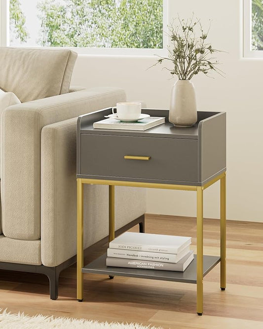 Nightstand,3-Tier Modern Night Stand,Bedside Table with Storage Drawer and Shelf,Small Side Table for Bedroom,Living Room,Gray