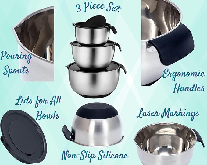 Stainless Mixing Bowl & Lids Holiday BBQ Picnic: Lids Pour Spout Ergonomic Handles For Kitchen With Non Slip Silicone Base Strainer Graters For Kitchen Gift Set
