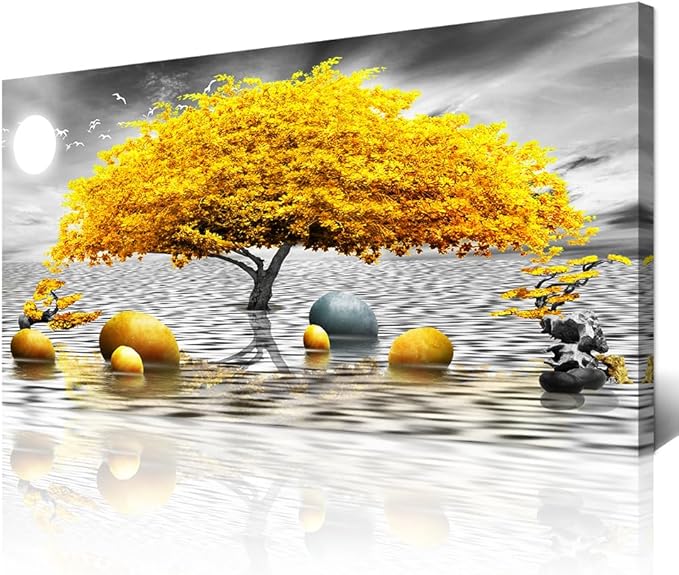 Wapluam Farmhouse Canvas Wall Art For Living Room Large Wall Decor Art For Office Black And White Wall Painting Yellow Tree View Wall Pictures Framed Prints Artwork Bedroom Home Decoration 30"X60"