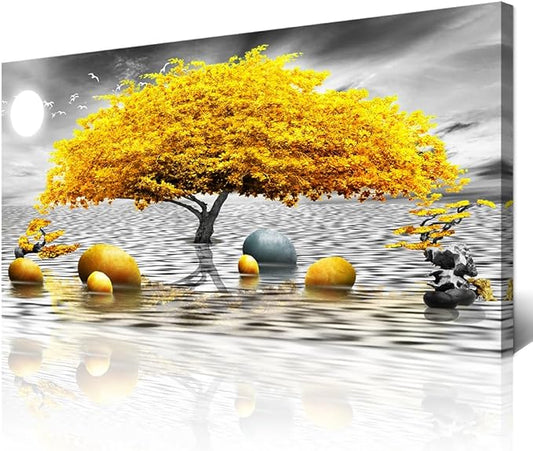 Wapluam Black And White Wall Art - Framed Canvas Wall Decor For Living Room, Office, Bedroom - Large Artwork - 20" X 40" - Yellow Tree View