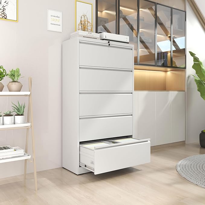 Lateral File Cabinet with Lock,5 Drawer Filing Cabinets for Home Office, Steel Wide Filing Organization Storage Cabinets for Hanging Files Letter/Legal/F4/A4 (White)
