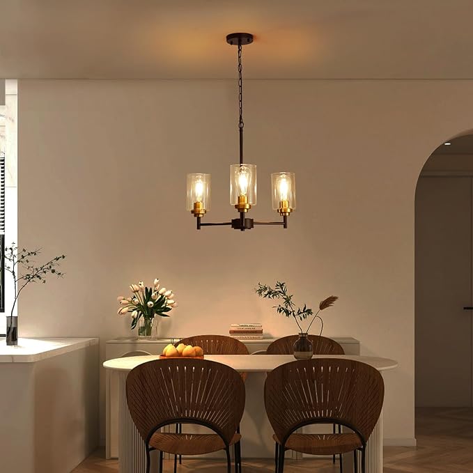 9MMML 3 Lights Black and Gold Chandelier, Modern Glass Ceiling Chandelier Light Fixture for Dining Room, Kitchen, Over Table,Foyer, E26 Base