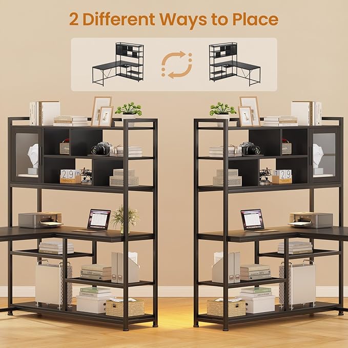 SEDETA L Shaped Computer Desk, 58'' Office Desk with LED Light and Bookshelf, L Shaped Corner Desk with Storage Shelves for Home Office, Gaming Desk, L Desk, Black