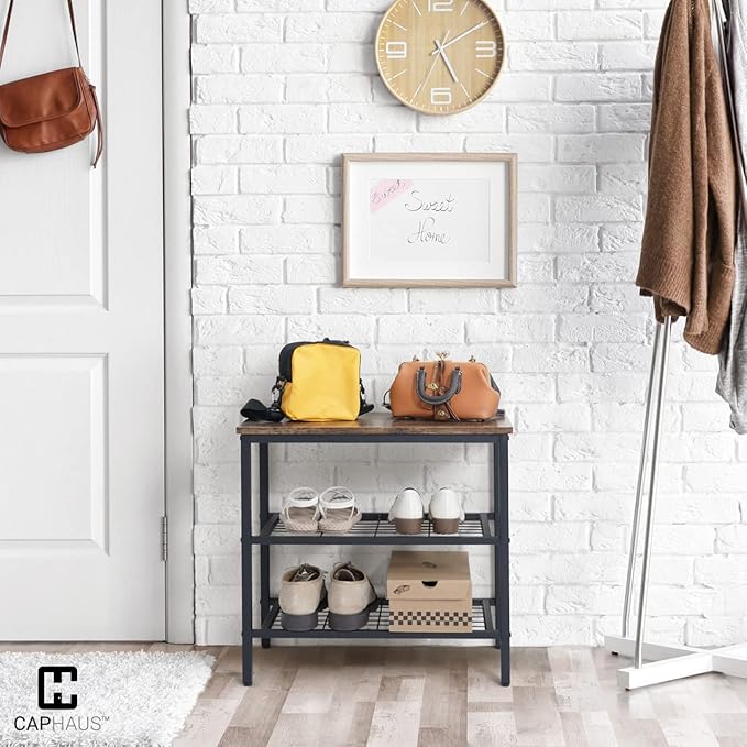CAPHAUS 3-Tier Shoe Rack for Entryway, Mudroom Shoe Bench, Small Shoe Rack, Metal Shoe Shelf with Wood Board, Industrial Shoe Storage Table for Hallway, Living Room, Bedroom, Closet, Rustic Oak