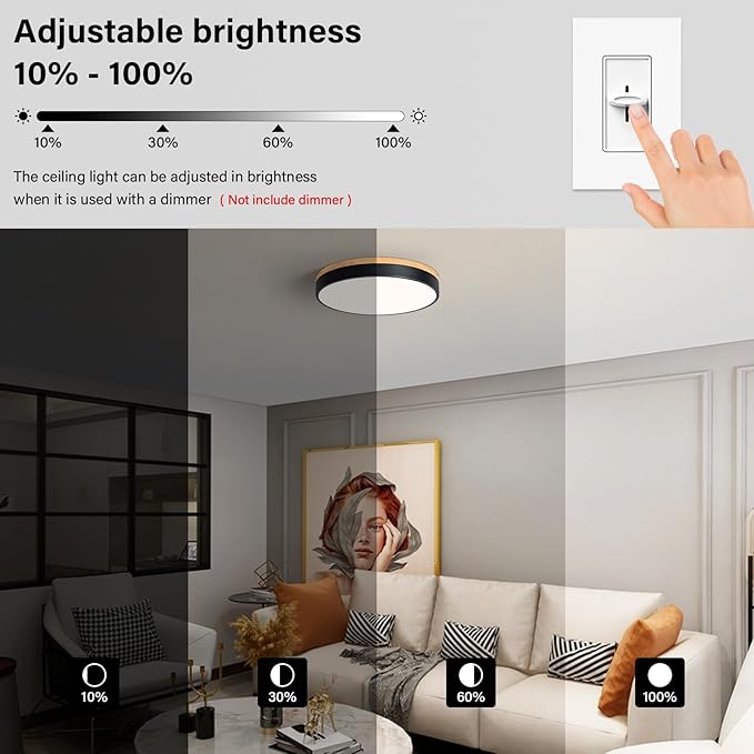 Modern Dimmable LED Close to Ceiling Light Minimalist Wood Oak Flush Mount Ceiling Light Fixture Circle Lighting for Bedroom Living Room Bathroom Laundry Room (Black, 15.7'')