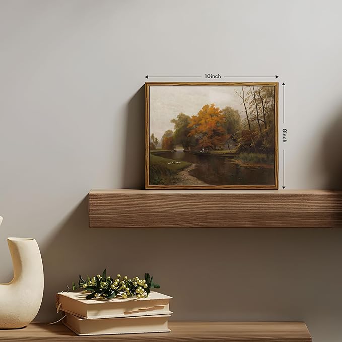 Floating Framed Canvas Wall Art Decor – Vintage Autumn by the Water Landscape Paintings Prints, Nature Countryside Pictures Wall Decor for Living Room Bedroom Office Decoration 8x10 inch