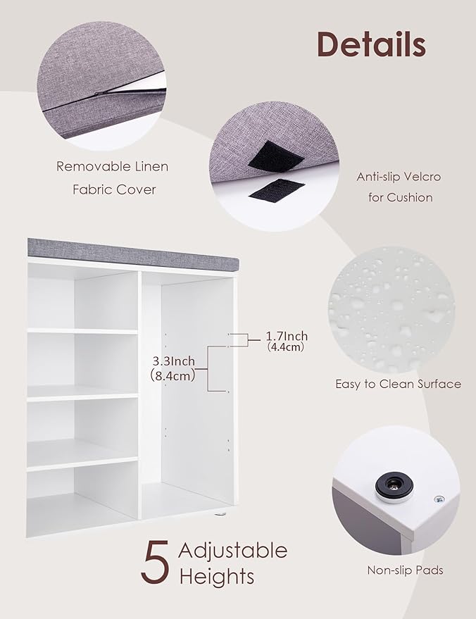 DINZI LVJ Shoe Storage Bench with Cushion, 14-Cubby Shoe Rack, Adjustable Shelves, Multifunctional Shoe Organizer Bench for Entryway, Mudroom, Hallway, Living Room, Bedroom and Garage, White