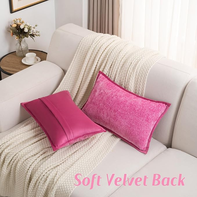 FUTEI Hot Pink Chenille Throw Pillow Covers 12x20 Inch Set of 2,Soft Cozy Bound Edge Design Lumbar Pillow Cases,Home Decor for Couch Bed Living Room