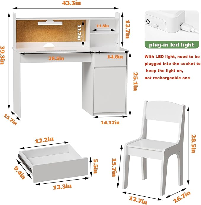 PakaLife Kids Study Desk and Chair Set,ChildrenTable with 3-Color Lights(Not Rechargeable),Tiltable Desktop,Multi Functional for Kids 5-12,Storage Wooden Student Writing Desk with Hutch for Bedroom