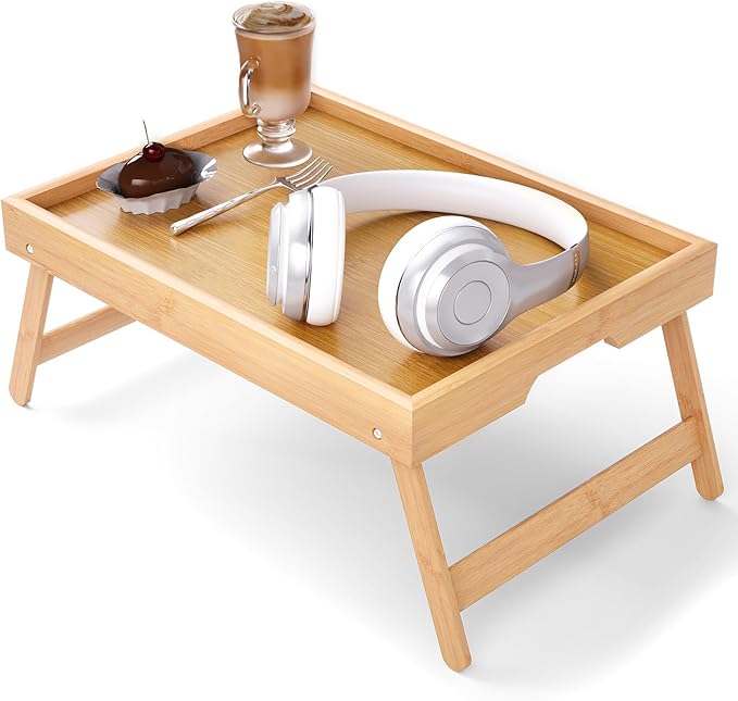 Bamboo Bed Tray Table with Foldable Legs Breakfast Tray, Lightweight Laptop Desk for Eating, Reading, Working in Bed or Sofa – Portable Lap Desk with Handles, Perfect for Home - Natural