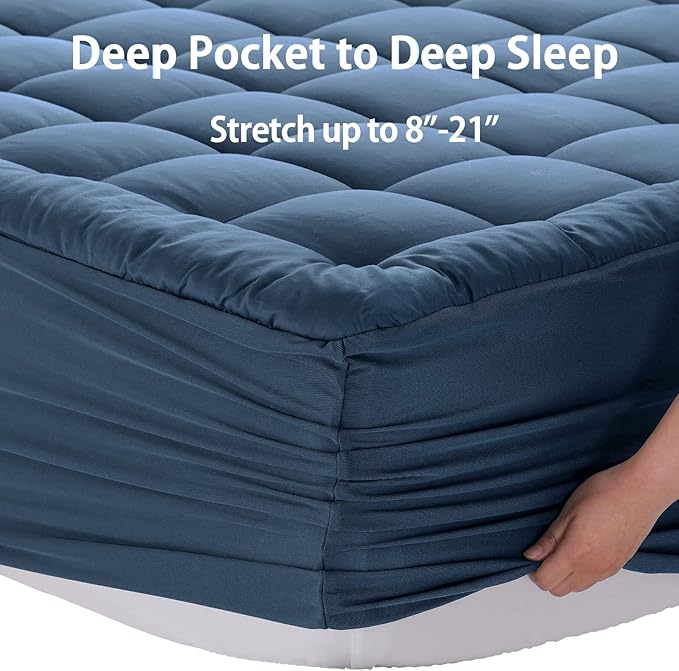 EASELAND King Size Mattress Pad Pillow Top Mattress Cover Quilted Fitted Mattress Protector 8-21" Deep Pocket Cooling Mattress Topper (78x80 Inches, Dark Blue)