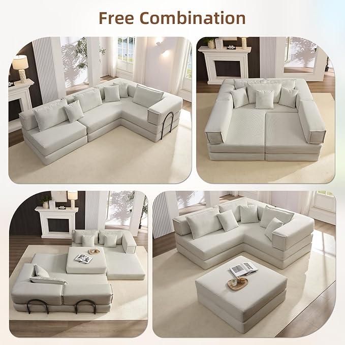 Rovibek 118" 5-in-1 Memory Foam Boneless Sectional Couch, Modular Convertible Sleeper Sofa Bed, Full Size No Assembly Required DIY Combination, Oversized Lazy Sofa with Fixed Frame Beige