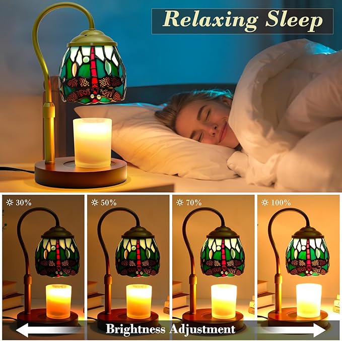 Candle Warmer Lamp with Timer Dimmer, Adjustable Height Candle Warmer for Jar Candles, Birthday Gifts for Women New Home Bedroom Decor Tiffany Dragonfly Style Stained Glass with 2 Bulbs