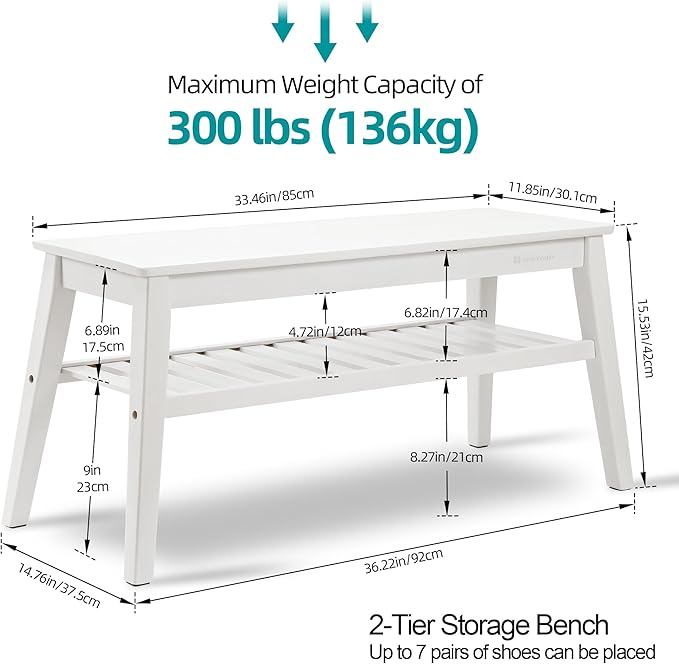 Nnewvante 33.46" Bamboo Dining Bench, 2 Tier Indoor White Storage Bench for Entryway, Outdoor Wooden Bench, Small Wood Benches for Front Porch, Living Room, Bedroom, Holds up to 300 lbs
