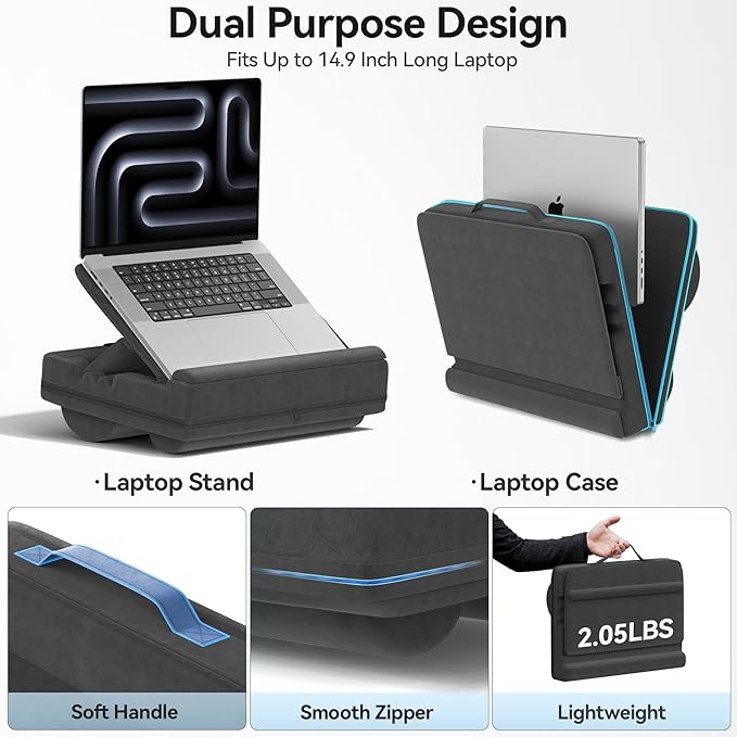 Laptop Lap Desk with Cushion, Adjustable Lap Desk Pillow with Storage, Portable Lap Table for Adults Student, Laptop Stand for Bed Office College Dorm Home Room Couch, Fit Up to 14.9" PC Tablet, Black