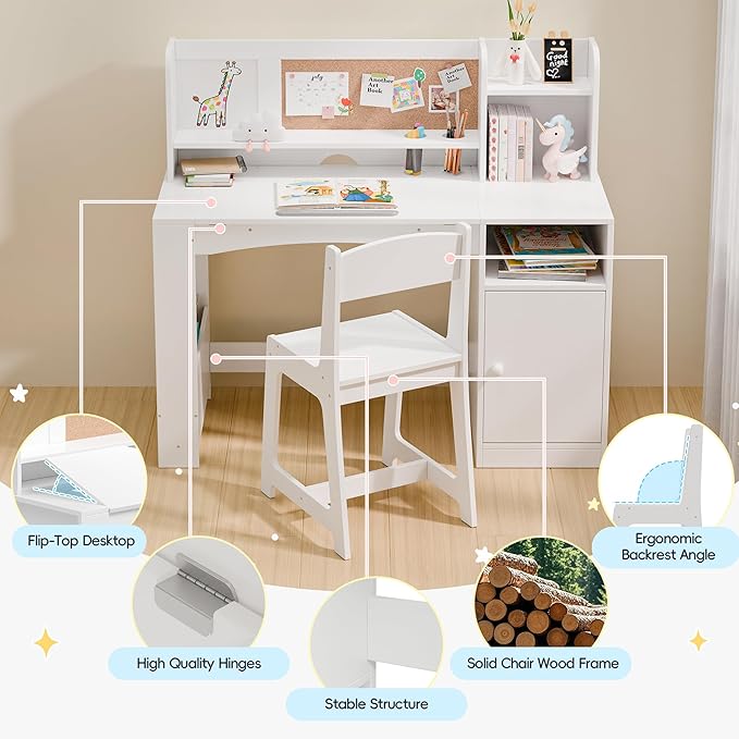 Kids Study Desk with Chair and Tiltable Desktop, Kids Stud Des and Chair Set with Hutch&Storage Cabinet, Wooden Children Study Table for 5-12 Years Old, Student Writing Desk for Bedroom (White)