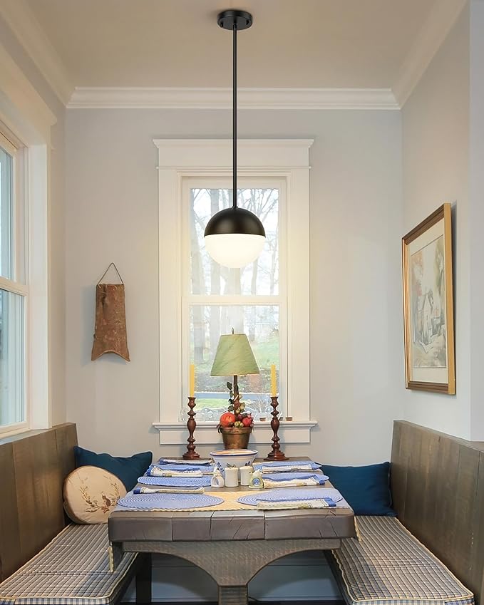 LMS 8-inch Modern Globe Pendant Light Frosted Glass with Black Finish Contemporary Mid Century Adjustable Hanging Light Fixture for Living Room Bedroom Kitchen LMS-186