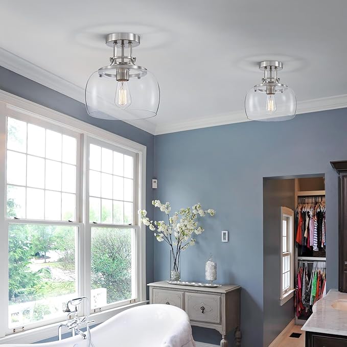 WUZUPS Chandelier Rustic Farmhouse Industrial Round Semi-flushmount Ceiling LED Light Fixture with Clear Glass Shades for Bathroom Kitchen Foyer Entryway, H 10" x W 10", E26 Base, Brushed Nickel