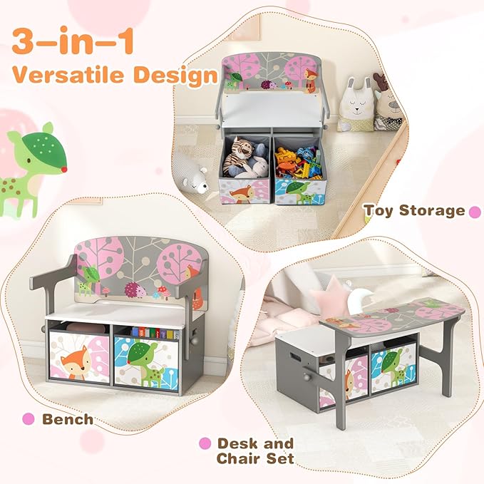 HONEY JOY Kids Table and Chair Set, 3-in-1 Convertible Wooden Toy Storage Bench with Handle, 2 Bins for Kids Reading Nook, Toddler Table and Chair Set for Daycare Playroom Classroom (Gray)