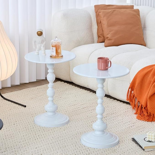 Elegant Vintage Round Side Table with Roman Columns - Sturdy Metal Design, Perfect as a Coffee, End, Tea, or Leisure Table for Living Room and Bedroom Decor ,21 (H) *15.7 (W) (White+White 1pack)
