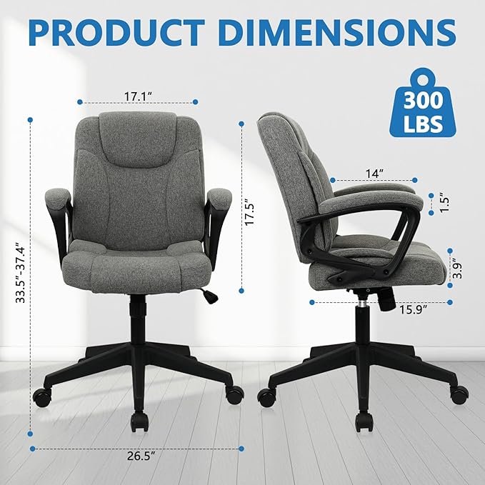CLATINA Fabric Home Office Chair Linen Cloth Ergonomic Swivel Desk Chair with Padded Armrests, Adjustable Height Rolling Computer Task Chairs for Work, Conference, Study, Grey, 2 Pack