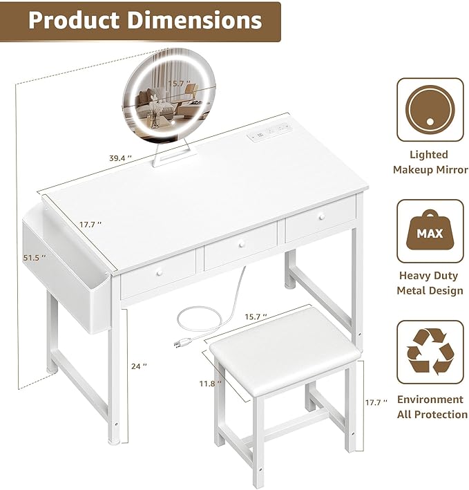 Girls Vanity Desk with Mirror and Lights Small Makeup Vanitys Set with Chair Fabric Drawers Power Outlet, Dressing Table Vanities for Kids Bedroom 40“ White