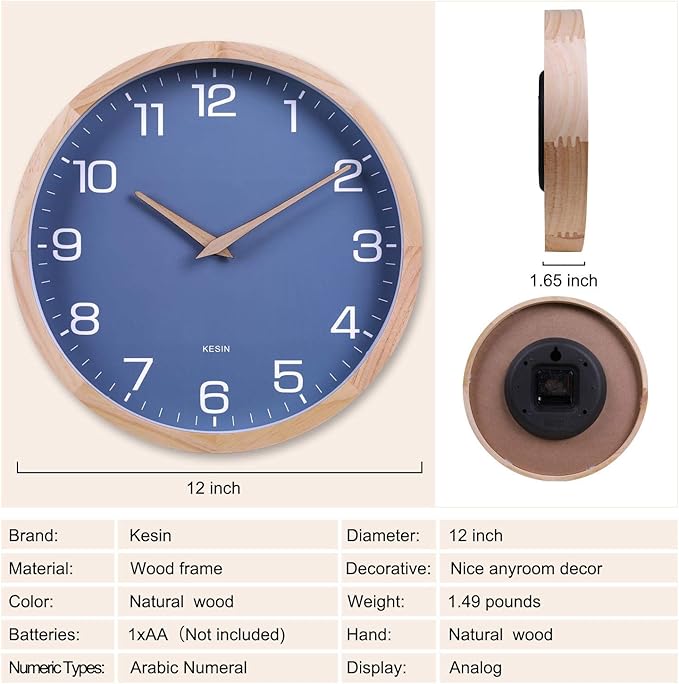 Kesin Wall Clock 12 Inch Silent Non Ticking Wood Wall Clocks Battery Operated - Wooden Blue Modern Simple Clock Decorative for Kitchen,Living Room,Bedroom,Kid’s Room