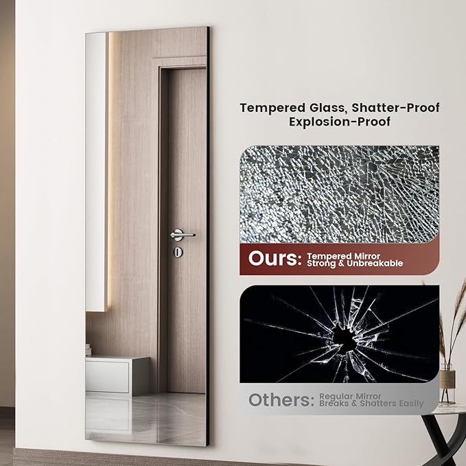 56x18 Frameless Full Length Silver Coating Mirror w/Distortion Free, HD Reflection &Anti Desilvering, Tempered Glass & Shatter Proof Film Doubling Safety, Easy Setup w/Stand, Wall/Standing