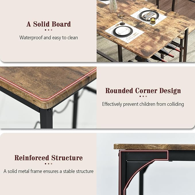 Dining Table Set for 4, Kitchen Table and 2 Chairs for 4 With Bench, Dining Table Set With Built in Wine Rack&Wine Glasses Holder, Storage Shelves for Small Space, Apartment, Kitchen, Rustic Brown