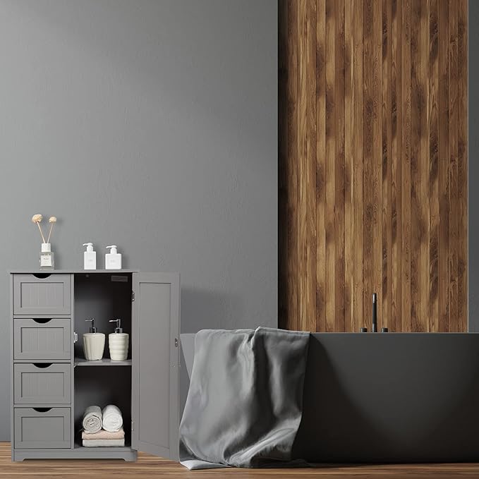 GLACER Bathroom Floor Cabinet, Multifunctional Storage Cabinet with 4 Drawers and 1 Door, Wooden Side Storage Organizer for Bathroom, Living Room or Kitchen, 22 x 12 x 32 inches (Grey)