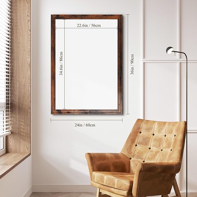 4 THOUGHT Dry Erase Board, 36" x 24" Magnetic Whiteboard Brown Vintage Wood Frame Wall-Mounted White Board Decorative Notice Board School, Office, Home, 6 Magnets 4 Markers 1 Eraser