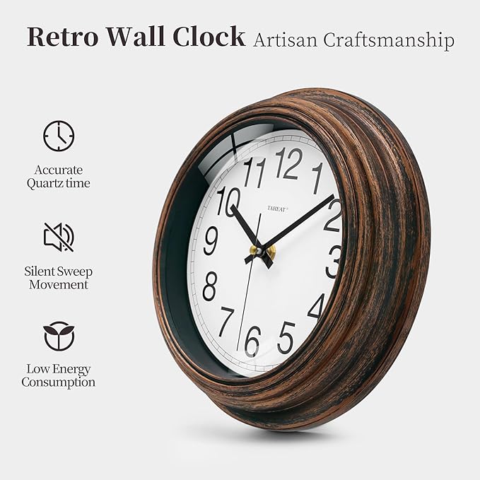 TAHEAT 8.5 Inch Wall Clock, Battery Operated Silent Non Ticking - Vintage Gold Copper Kitchen Clock for Living Room, Bedroom, Office, Bathroom - Easy to Read Retro Decorative Wall Clocks