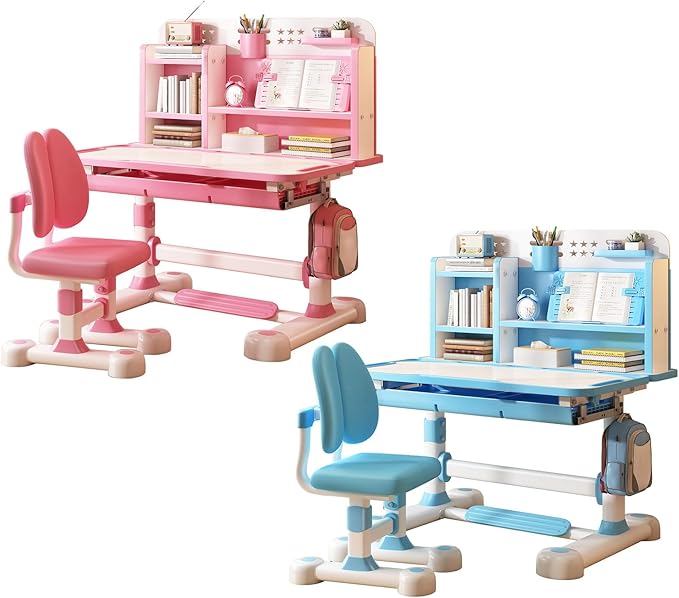 Kids Functional Desk and Chair Set, Study Desk for Children with Chair, Kids Desk and Chair Set,Height Adjustable Children School Study Desk with Storage Drawer for Boys Girls (Pink C)