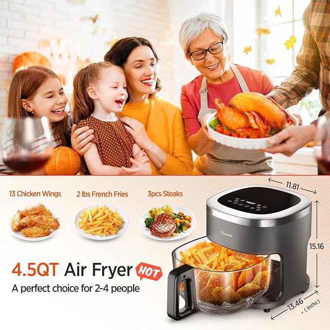6-IN-1 Glass Air Fryer,4.5QT Air Fryer with Viewing Glass Pot, Air Fry, Dehydrate, Air Crisp Technology,Nonstick & Dishwasher Safe Basket,97% Less Oil,Features Digital Timer (Gray)