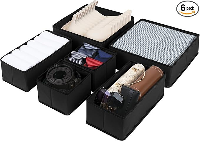 Cupic Cupid Drawer Organizer, Dresser Organizers, Foldabe Drawer Organizer Clothes, Closet Organization and Storage Dividers for Socks, Underwear and Diaper, Set of 6, Black