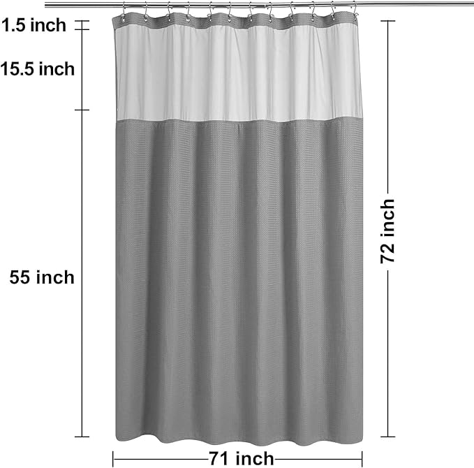 N&Y HOME Waffle Weave Shower Curtain with Snap-in Fabric Liner Set, 12 Hooks Included - Grey Shower Curtain Hotel Style, Water-Repellent & Washable, Mesh Top Window - 71x72, Gray