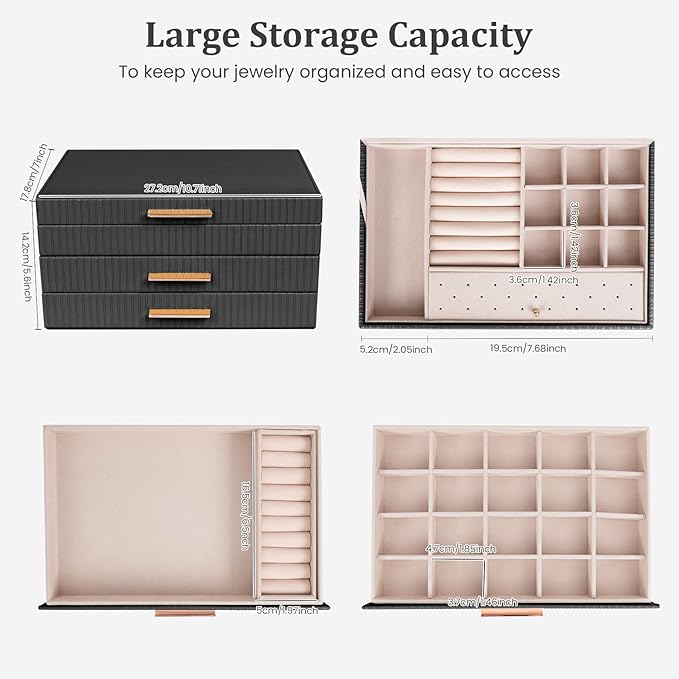 Dajasan Jewelry Boxes for Women, Jewelry Storage Organizer with 2 Drawers, Jewelry Organizer Box for Necklaces Rings Earrings Bracelets, Gift Idea, 10.71 x 7 x 5.6 Inches (Black)