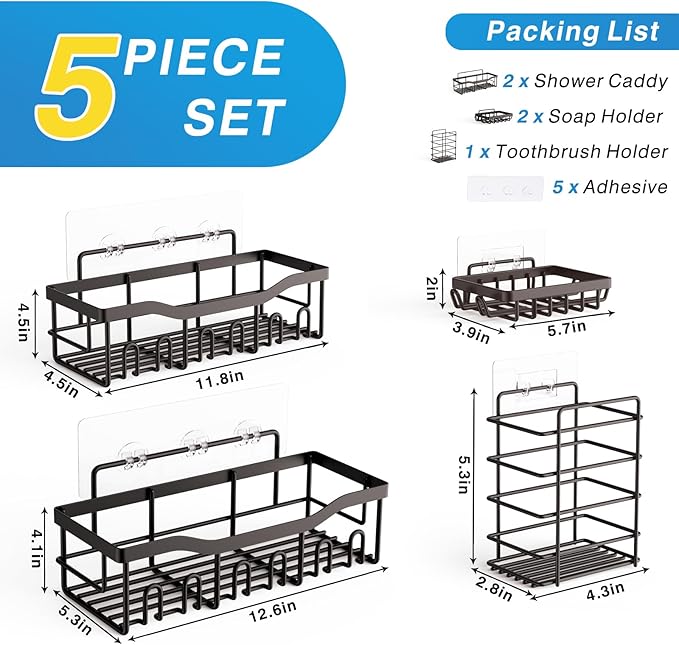 5-Pack Rustproof Stainless Steel Shower Caddy – No Drill Adhesive Bathroom Organizer with Large Capacity, Spacious Shower Shelves for Inside Shower, Kitchen & Home Decor Storage-XL Size