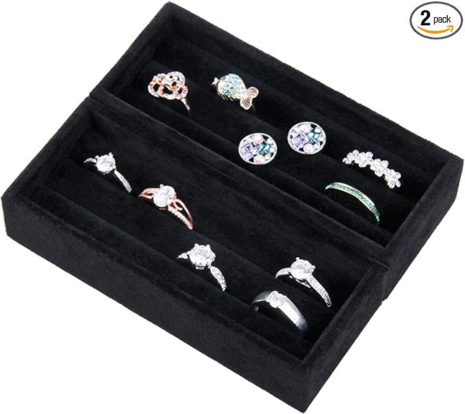 DesignSter Small Jewelry Tray, 2PCS Ring Organizer, Velvet Jewelry Display Tray, Stackable Jewelry Organizer Trays, Jewelry Drawer Organizer Inserts For Dresser, Jewelry Box (Black)