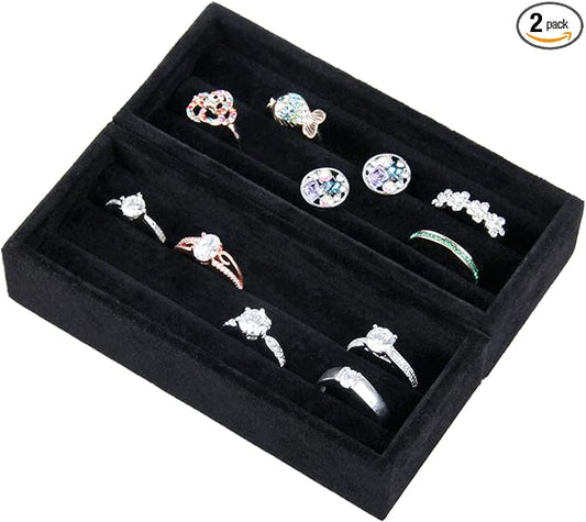 DesignSter Small Jewelry Tray, 2PCS Ring Organizer, Velvet Jewelry Display Tray, Stackable Jewelry Organizer Trays, Jewelry Drawer Organizer Inserts For Dresser, Jewelry Box (Black)