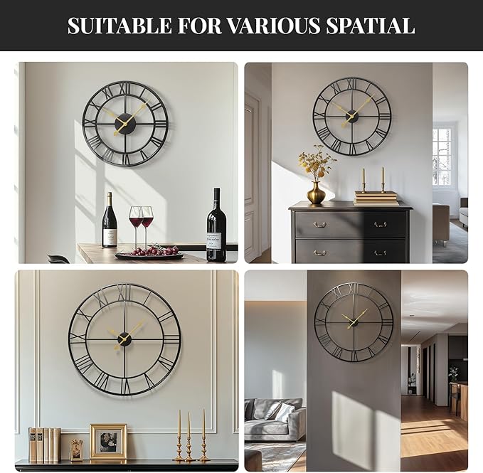 Large Wall Clock Battery Operated, 20 Inch Black Metal Round Wall Clocks Modern Silent Non-Ticking Decorative Clocks for Living Room Bedroom - Roman Numerals