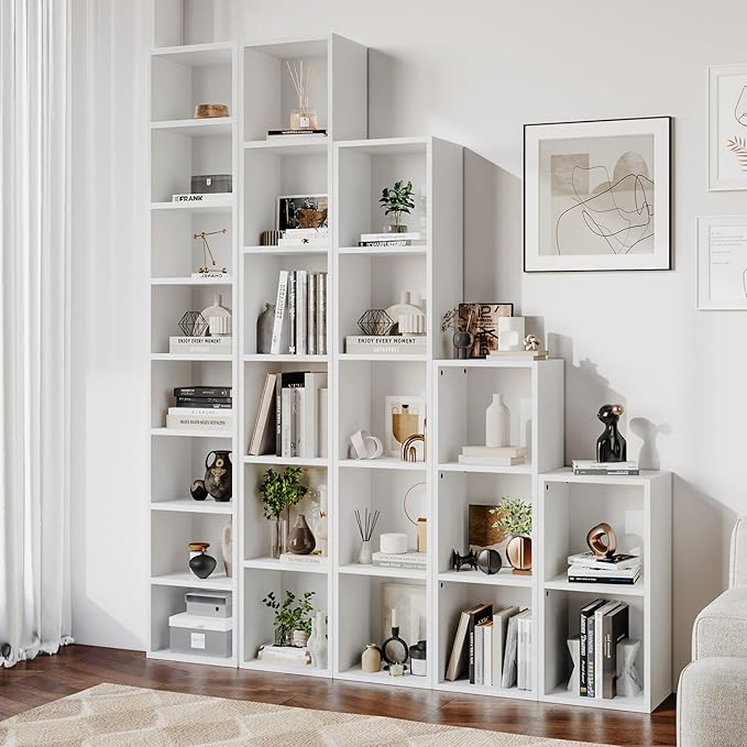 oneinmil 71.5" Tall Narrow Bookshelf, 8-Tier Cube Display Rack, Modern Corner Bookshelf with Storage Space, CD Storage Cabinet for Home Office (White 1 Pack, 8-Tier)