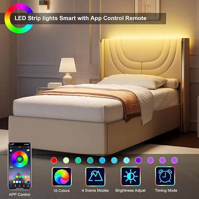 Twin Upholstered Bed Frame with LED Lights, Faux Leather Platform Bed Frame with Silver Wingback Headboard, Modern Style, No Box Spring Needed, Easy Assembly, Cream