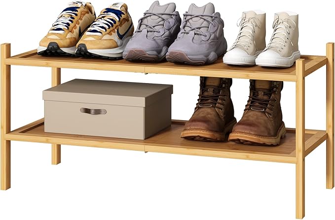 Bamboo Shoe Rack, 2-Tier Shoe Rack for Entryway, Free Standing Shoe Racks for Indoor & Outdoor, Stackable Shoe Organizer for Closet,