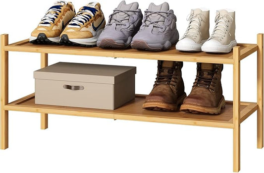 Bamboo Shoe Rack, 2-Tier Shoe Rack for Entryway, Free Standing Shoe Racks for Indoor & Outdoor, Stackable Shoe Organizer for Closet,